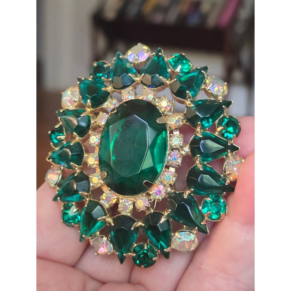 Green Brooch Rhinestone Statement Brooch Vintage Goldtone Mid-Century